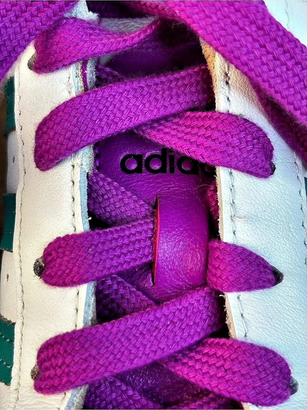 adidas Superstar White Glory Green Stripe Sneakers Purple Laces US 6.5 Woman’s
